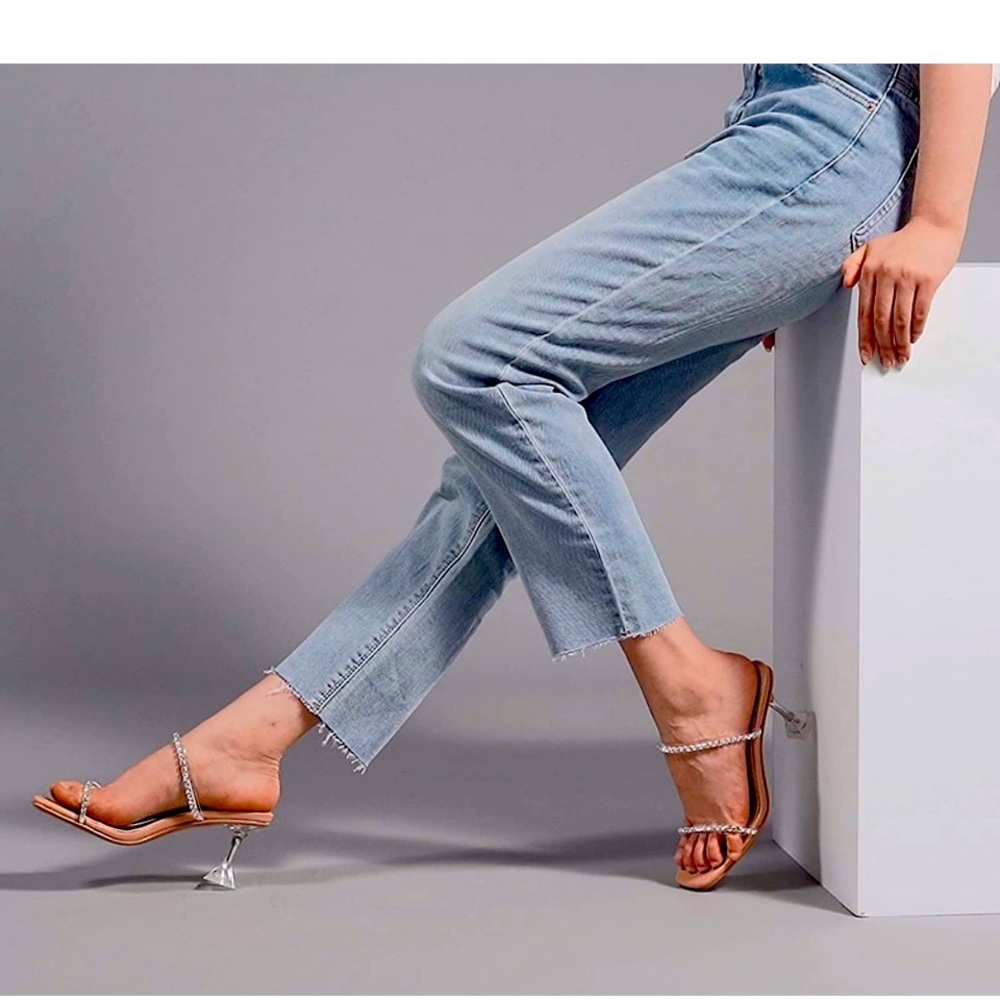 Women's Rhinestone Heel Sandals  Transparent Two Strap Diamond, Square Open Toe